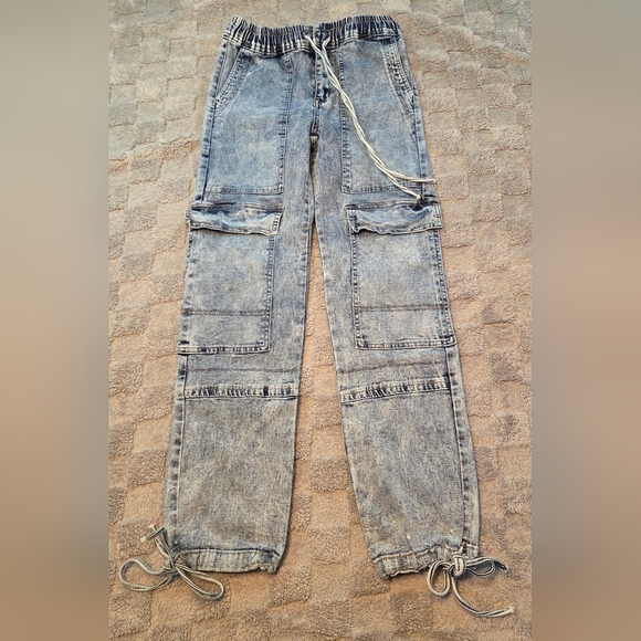 Elite Jeans Denim - Elite Jeans Womens Cargo Size 7 Acid Wash Baggy Deep Pockets Drawstrings Retro